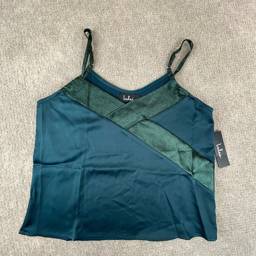 Lulus Cami Tank Top Womens Medium Deep Teal Satin V-Neck Patchwork Whimsigoth